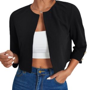 WDIRARA Women's Open Front 3/4 Sleeve Button Cuff Crop Blazer Casual Jackets Black S