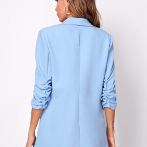 WDIRARA Women's Open Front Ruched Half Sleeve Blazer Elegant Office Work Jacket Pure Plain Blue XS