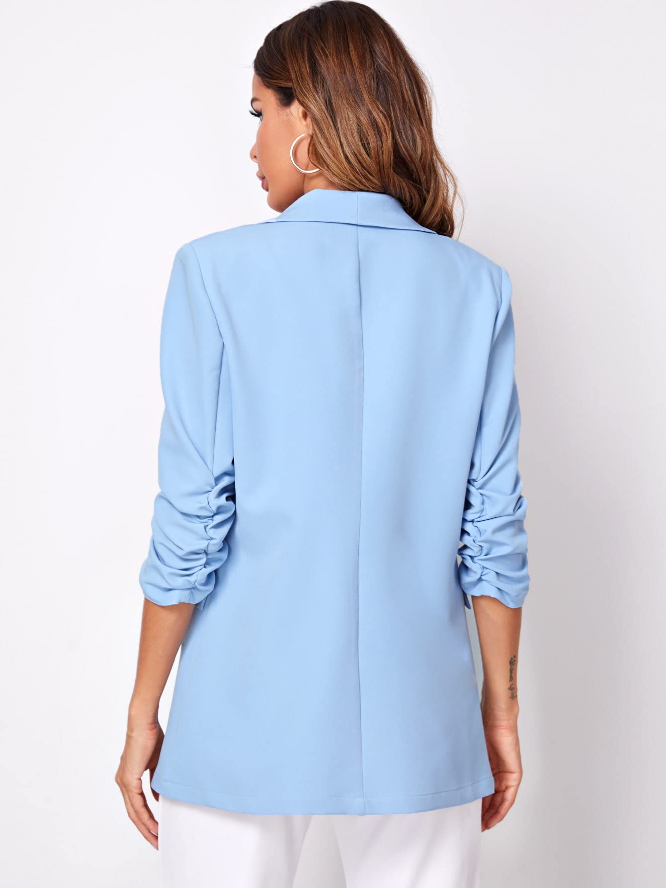 WDIRARA Women's Open Front Ruched Half Sleeve Blazer Elegant Office Work Jacket Pure Plain Blue XS