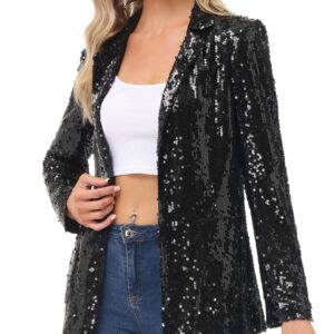 Women Long Sleeve Sequin Blazer Casual Open Front Sparkly Jackets for Party with Pockets Black S