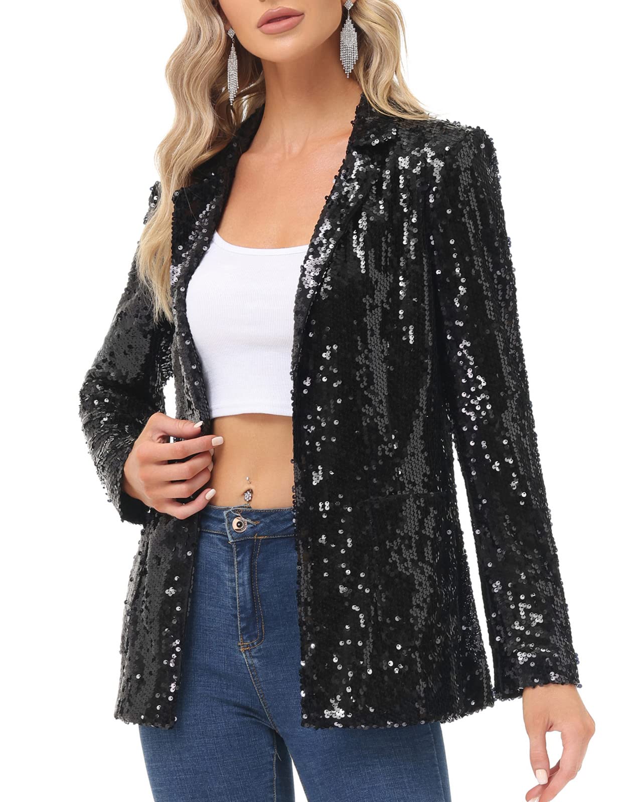 Women Long Sleeve Sequin Blazer Casual Open Front Sparkly Jackets for Party with Pockets Black S