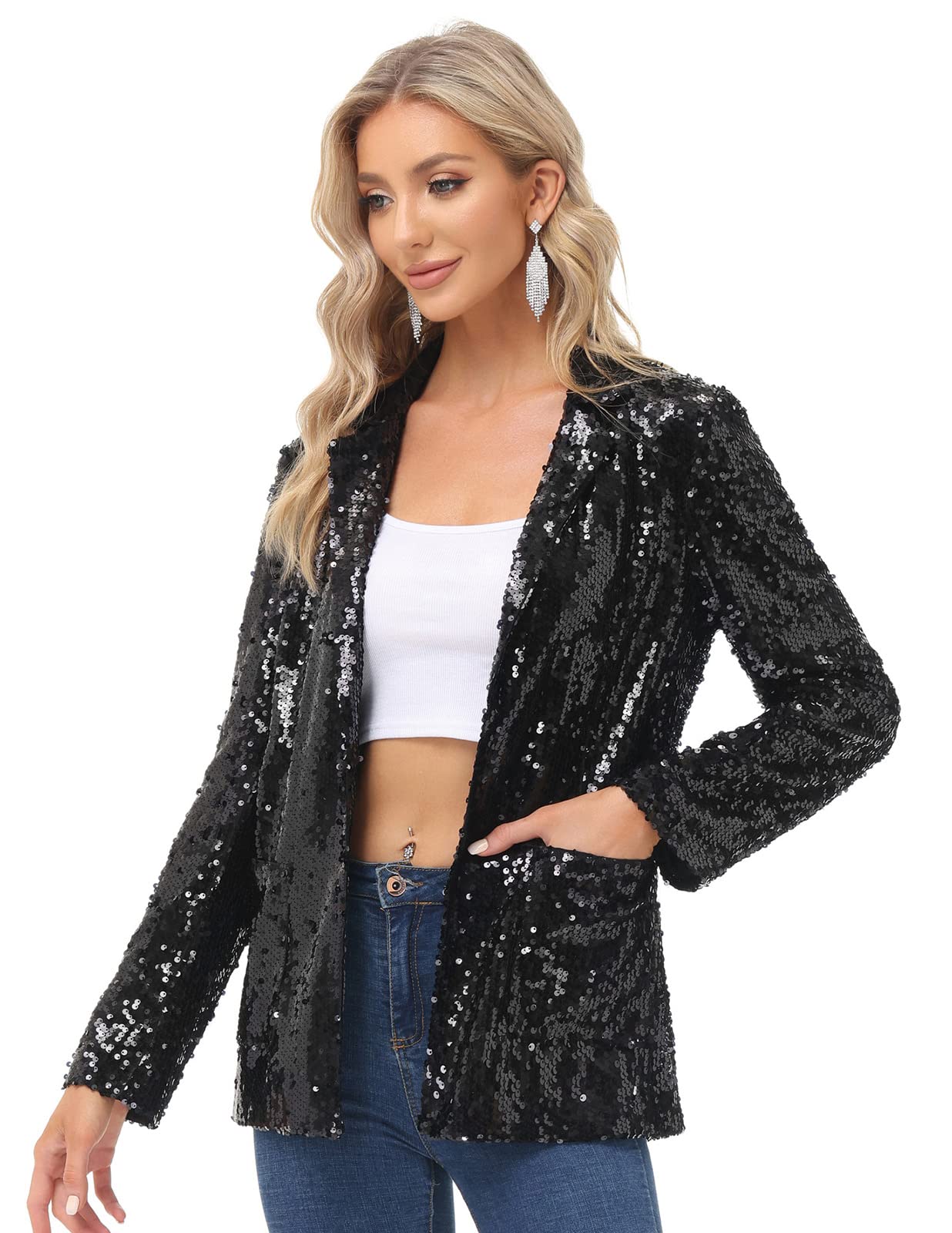 Women Long Sleeve Sequin Blazer Casual Open Front Sparkly Jackets for Party with Pockets Black S