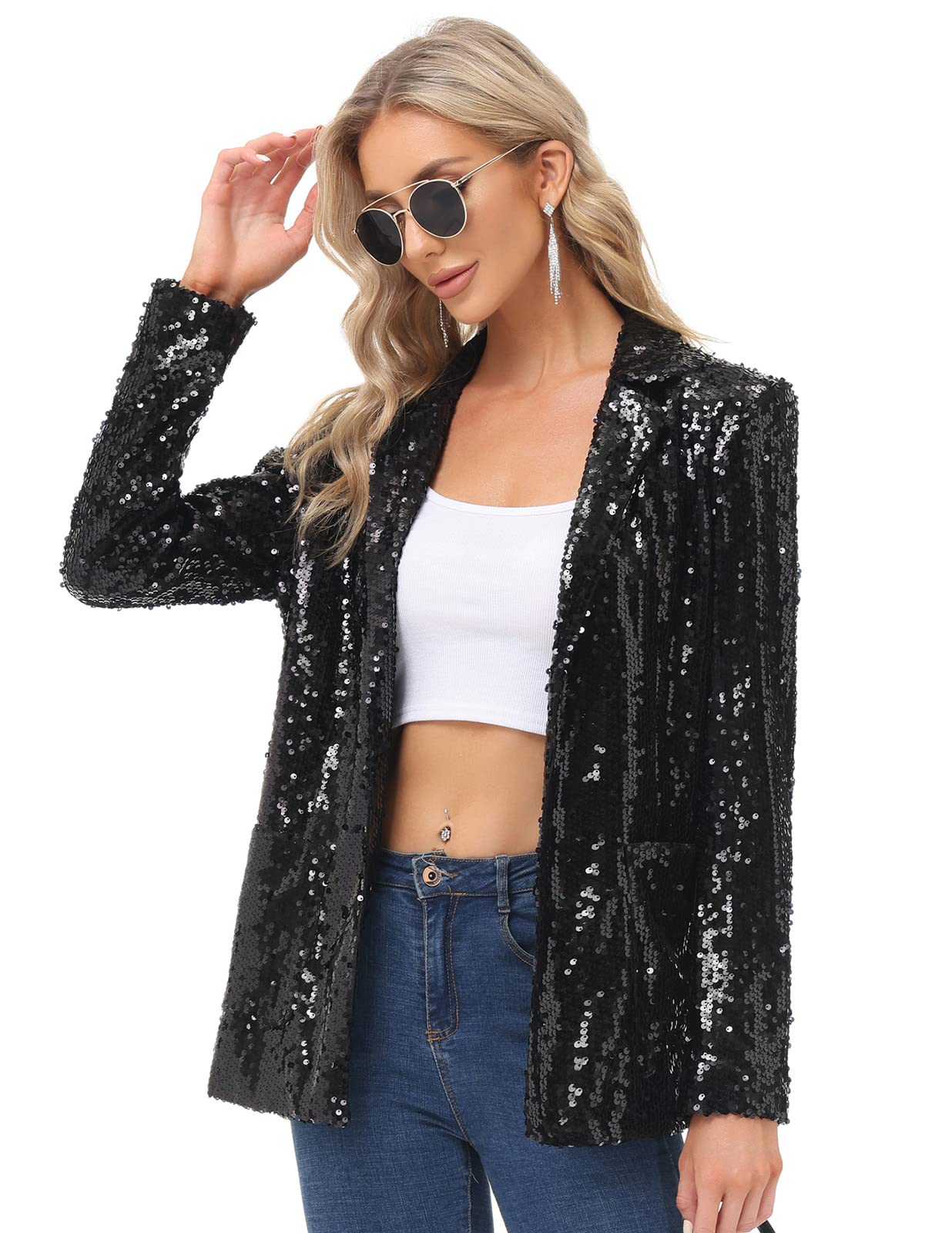 Women Long Sleeve Sequin Blazer Casual Open Front Sparkly Jackets for Party with Pockets Black S