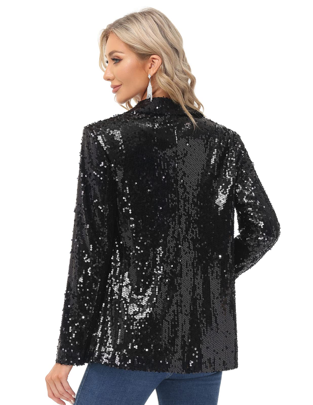 Women Long Sleeve Sequin Blazer Casual Open Front Sparkly Jackets for Party with Pockets Black S