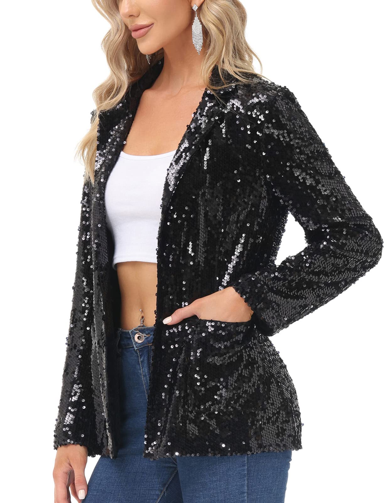 Women Long Sleeve Sequin Blazer Casual Open Front Sparkly Jackets for Party with Pockets Black S