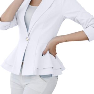 FLITAY Womens Business Solid Lapel Notched Fashion Blazer Casual Ruched Blazer Coat White M