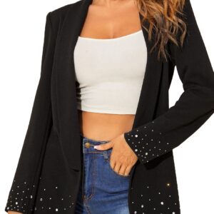 WDIRARA Women's Elegant Long Sleeve Blazer Open Front Rhinestone Suit Jackets Black 5XL