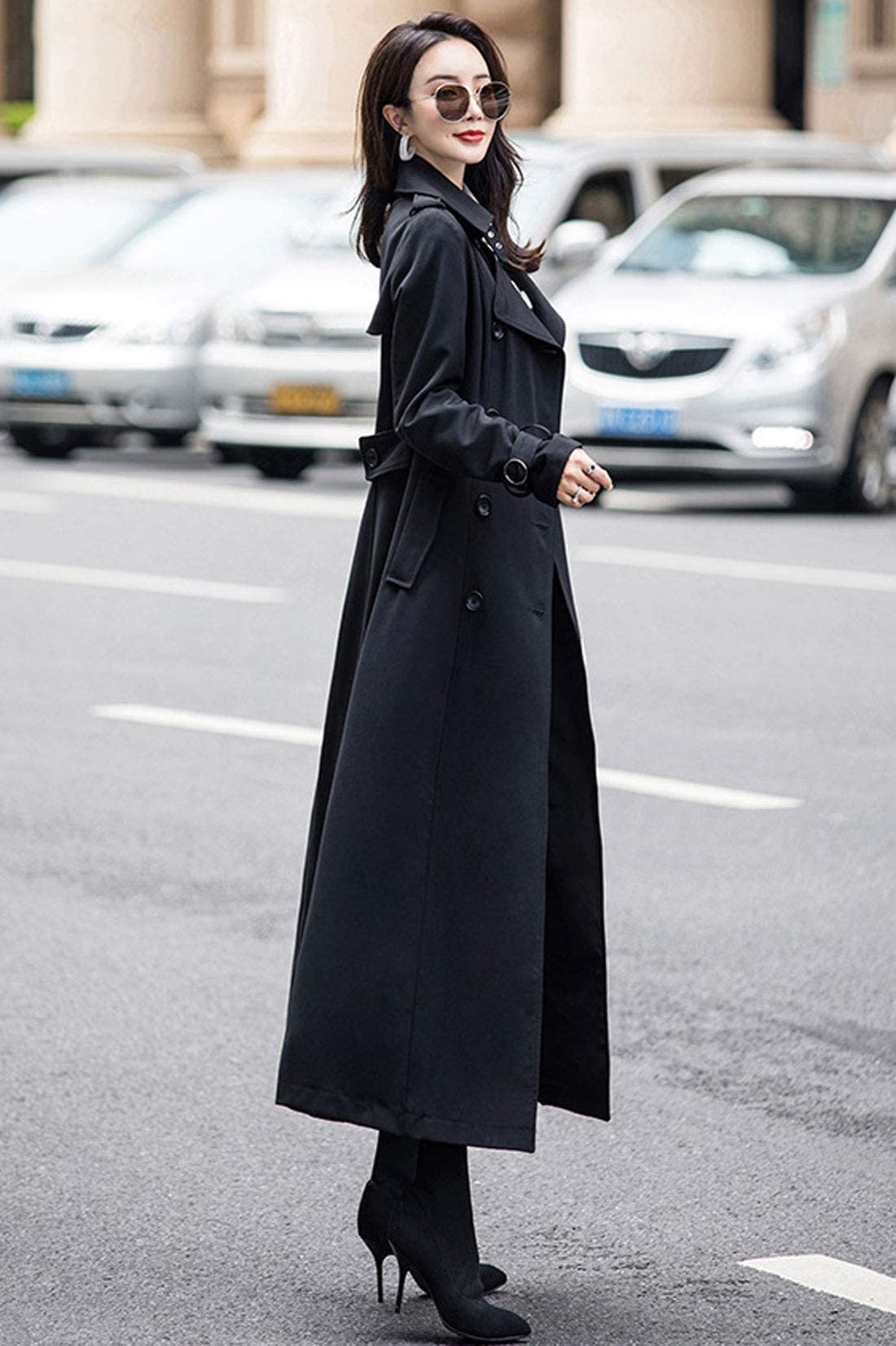 ebossy Women's Double Breasted Duster Trench Coat Slim Full Length Maxi Long Overcoat (X-Small, Black)