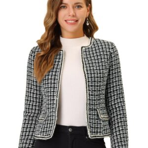 Allegra K Women's Plaid Tweed Blazer Long Sleeve Open Front Work Office Short Jacket Large Black