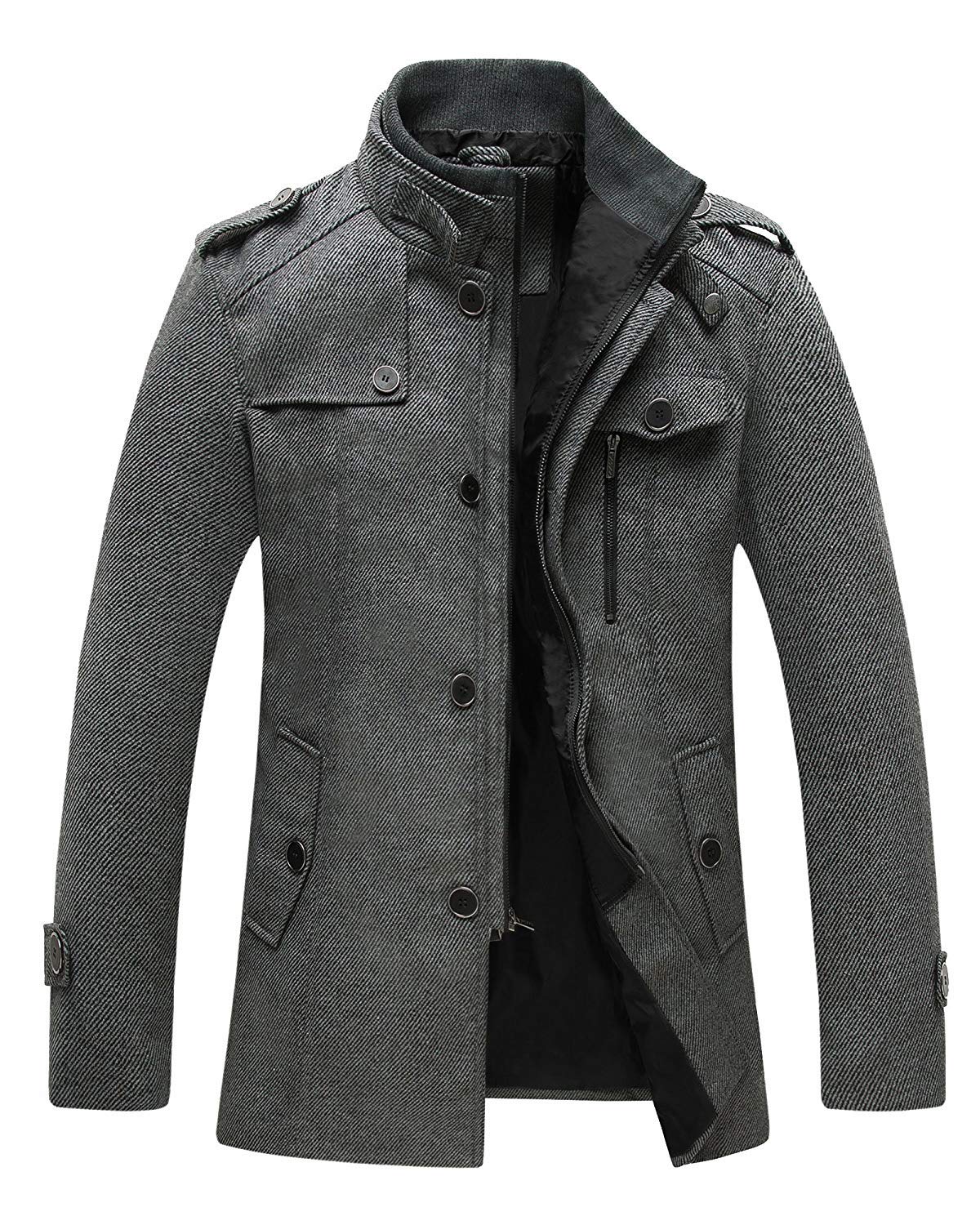 wantdo Men's Slim Fit Pea Coat Warm Winter Windproof Wool Jacket Grey 2XL