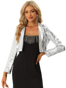 allegra k open front cardigan for women's notched lapel cropped party club sparkly sequin blazer large silver