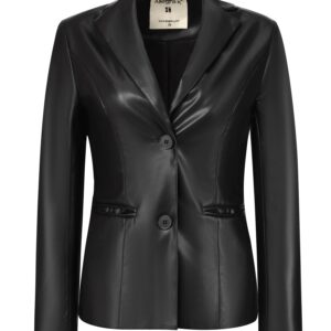 Allegra K Women's Faux Leather Blazer Slim Fit Notched Lapel Single-Breasted Office Jacket Coat Medium Black