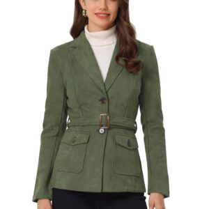 Allegra K Women's Faux Suede Blazer Belted Lapel Outwear Single Breasted Work Jacket Medium Army Green