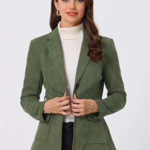 Allegra K Women's Faux Suede Blazer Belted Lapel Outwear Single Breasted Work Jacket Medium Army Green