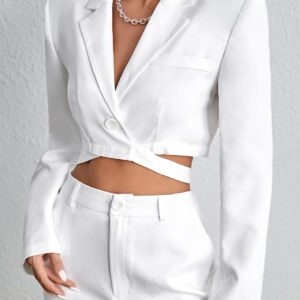 Milumia Women's Shoulder Pad Tie Back Long Sleeve Lapel Crop Wrap Blazer Jacket Outerwear White Medium