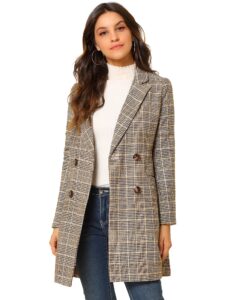 allegra k women's double breasted notched lapel plaid trench blazer coat medium brown
