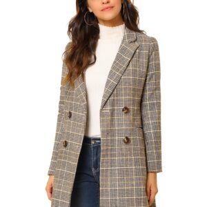 Allegra K Women's Double Breasted Notched Lapel Plaid Trench Blazer Coat Medium Brown