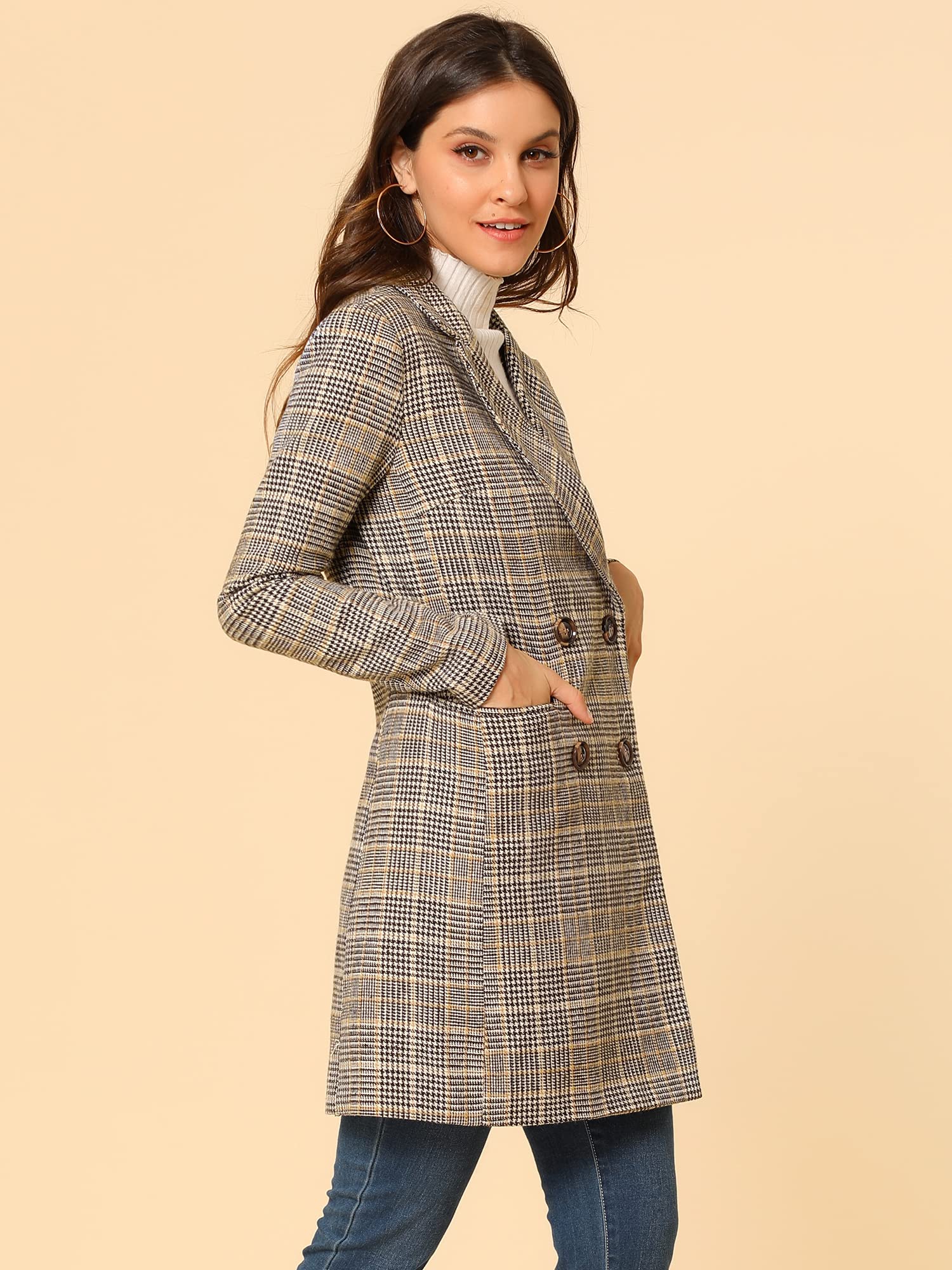 Allegra K Women's Double Breasted Notched Lapel Plaid Trench Blazer Coat Medium Brown