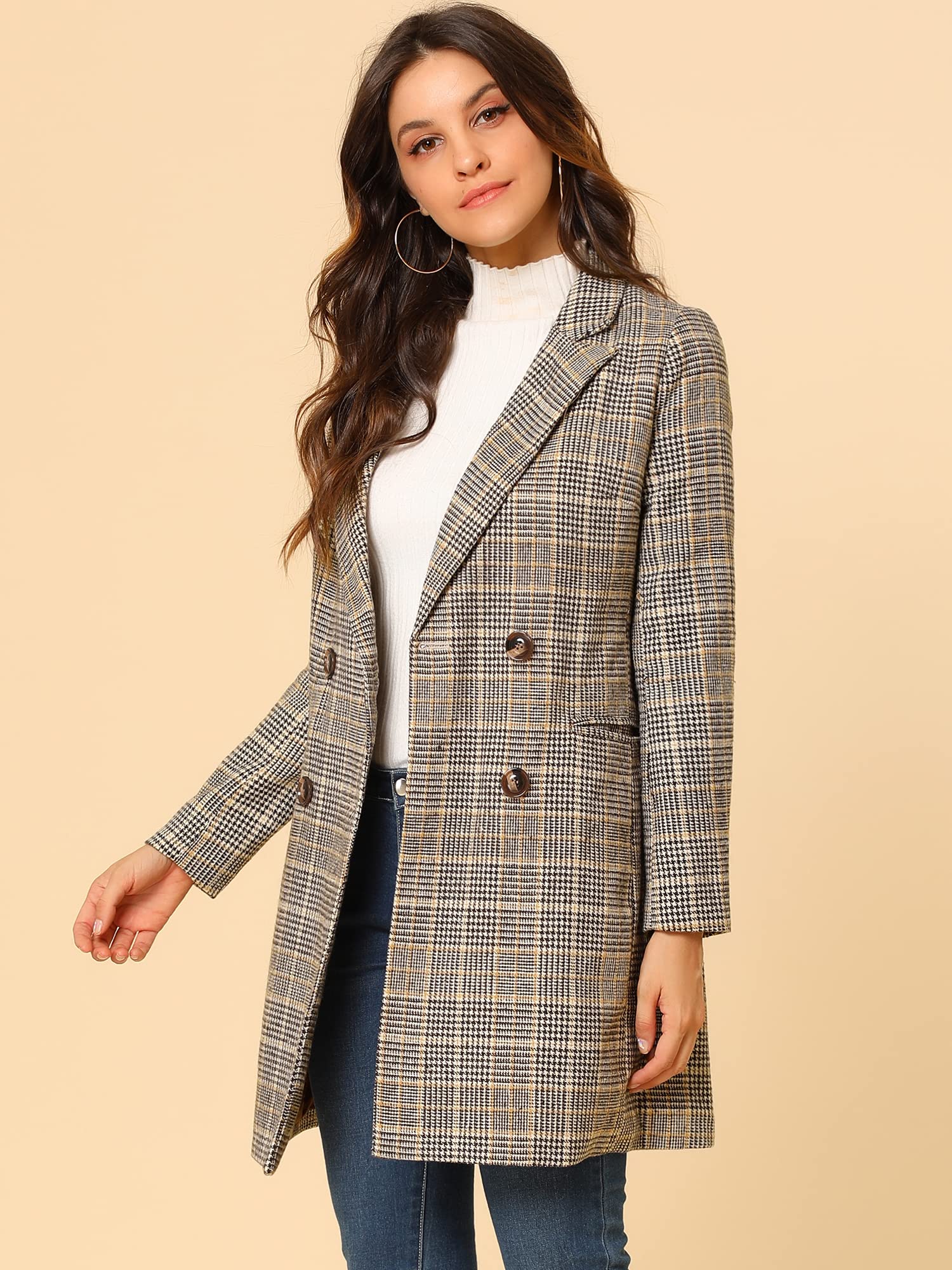 Allegra K Women's Double Breasted Notched Lapel Plaid Trench Blazer Coat Medium Brown