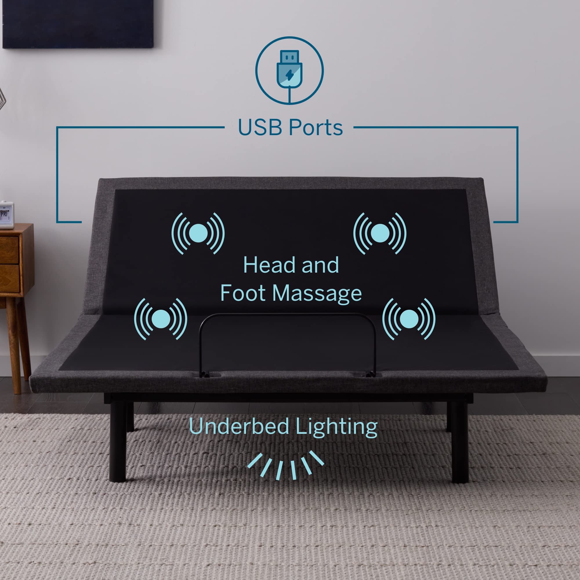 Lucid L600 Adjustable Bed Base Frame - Twin XL - Zero Gravity - Bluetooth - Companion App - Head and Foot Incline - Interactive Dual Massage - Under Bed Lighting - Wireless Remote - Dual USB Ports