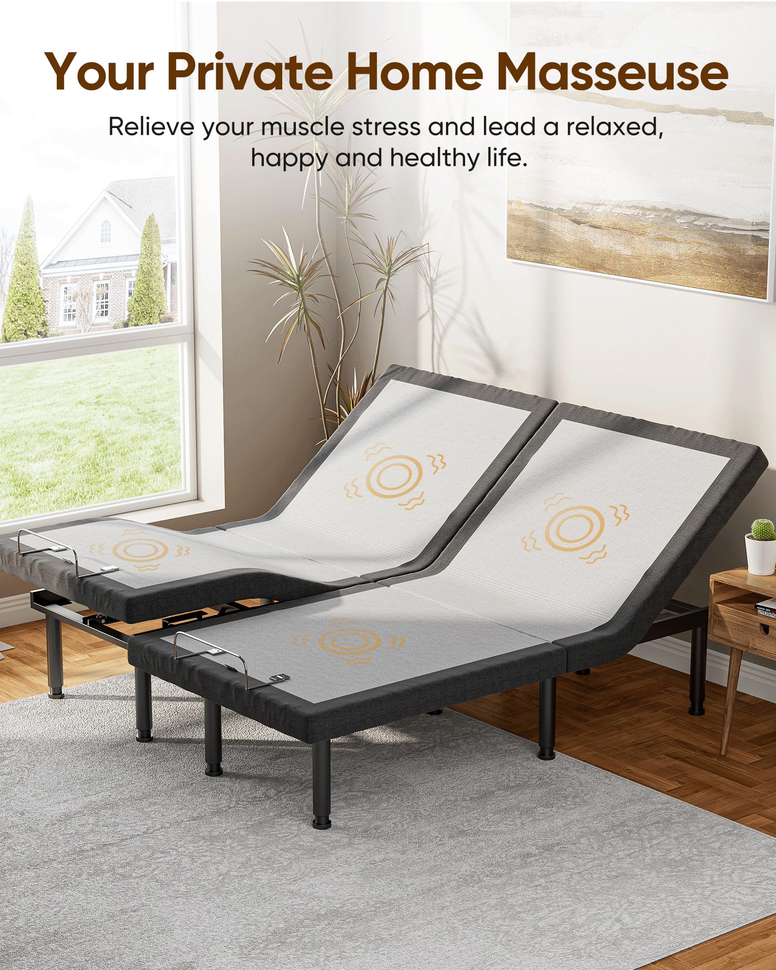 Rimdoc Adjustable Bed Frame, Adjustable Bed Base Split King for Stress Management, Zero Gravity Base, Head and Foot Incline with 3-Speed Massage, Anti-Snore, Memory Pre-Sets (2TXL)