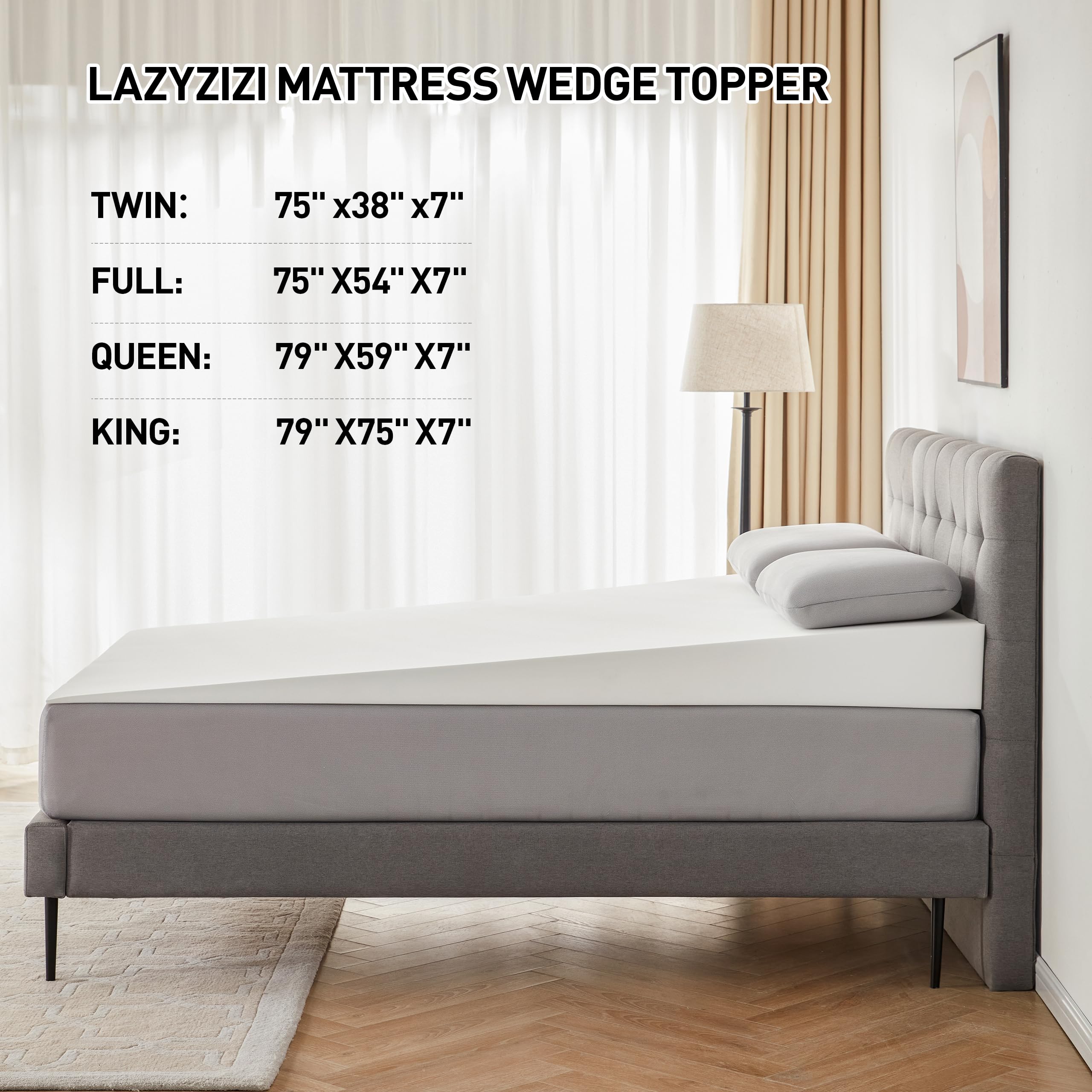 Lazyzizi Mattress Wedge Only, 7-Inch Queen Inclined Bed Wedge Mattress Topper for Acid Reflux, GERD, Neck & Back Pain, Snoring, Adjustable Elevator Under Mattress Support for Bedroom