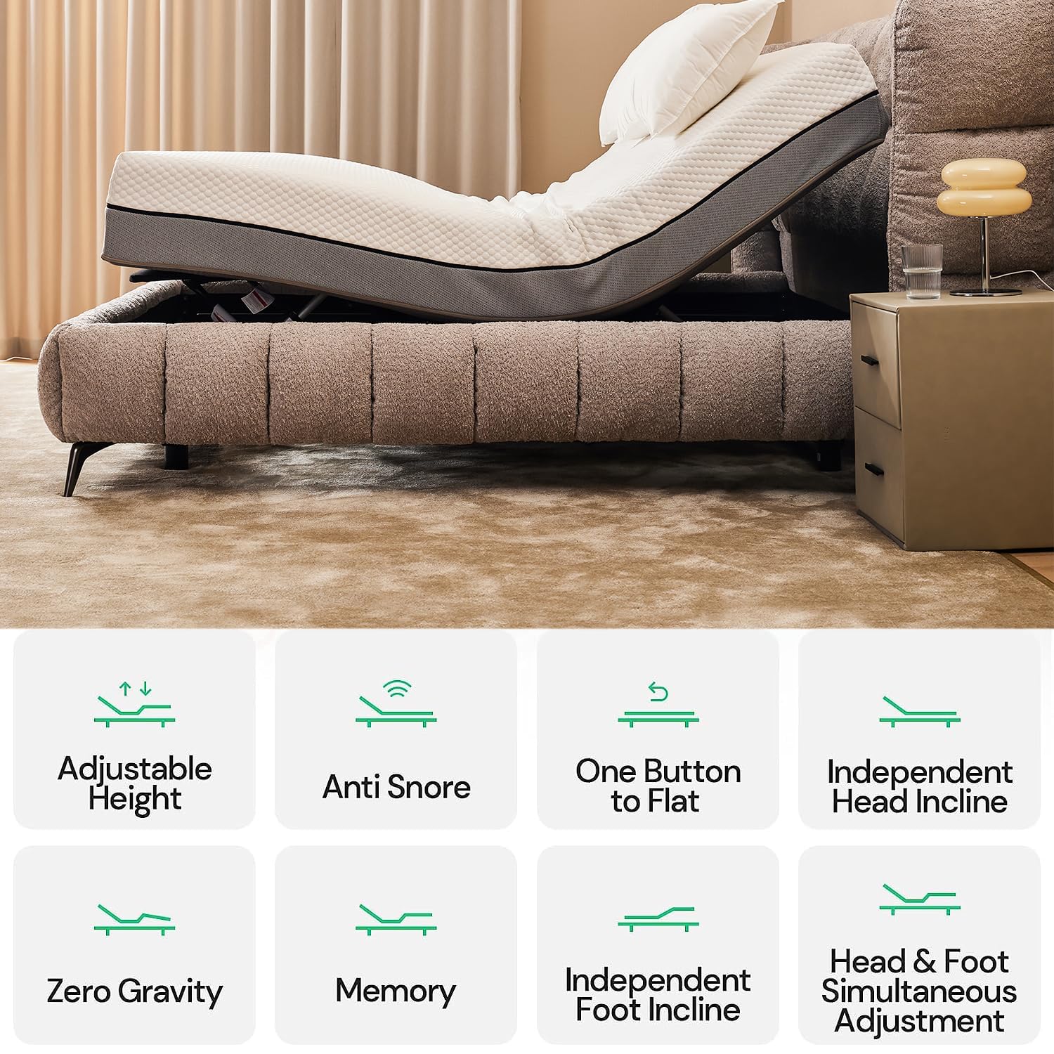 Motorized Upholstered Adjustable Bed Base with Wireless Remote, Head and Foot Incline, Memory Pre-Sets, Anti-Snore, Zero Gravity, Adjustable Leg Heights Bed Frame,Ergonomic Positioning (Queen)