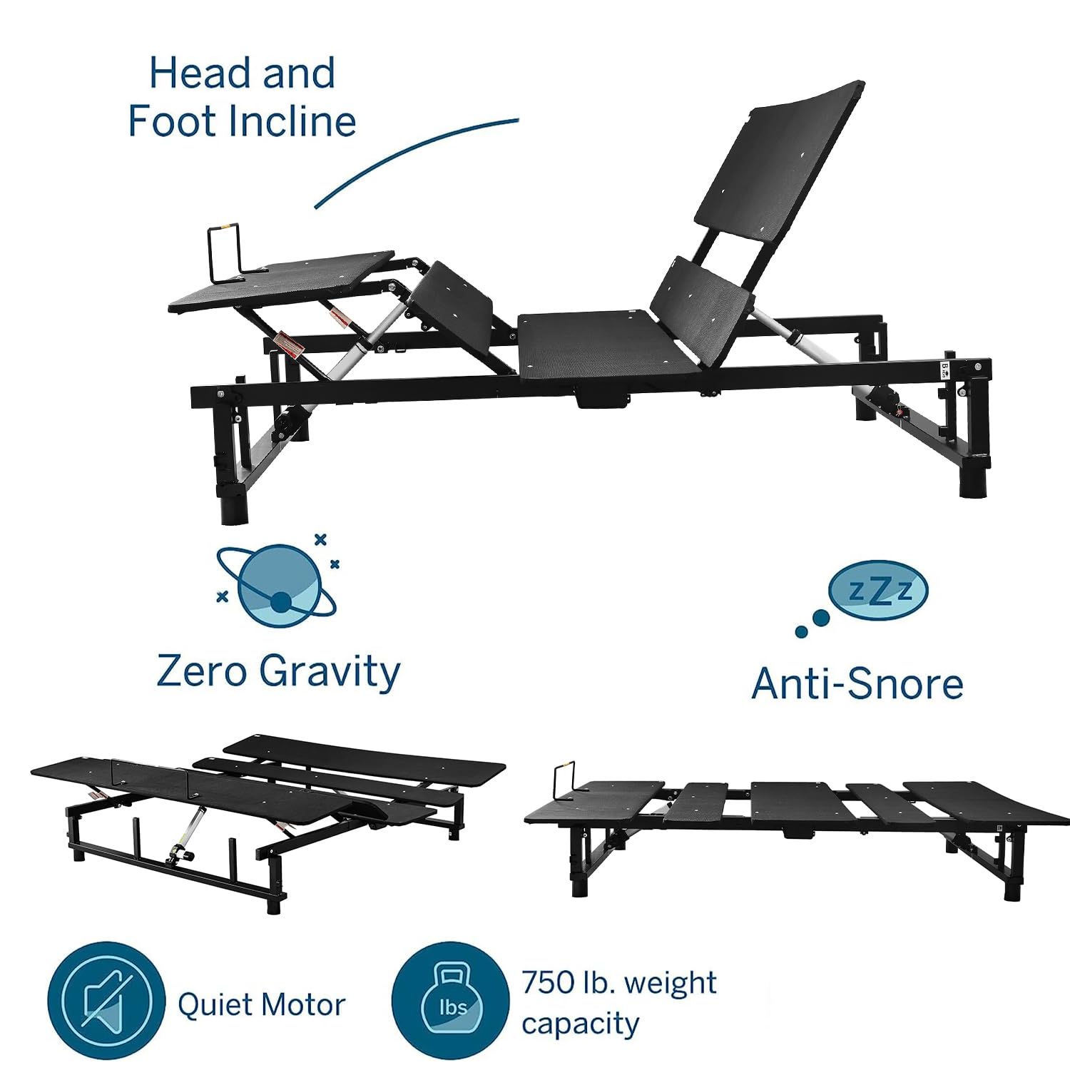 Motorized Upholstered Adjustable Bed Base with Wireless Remote, Head and Foot Incline, Memory Pre-Sets, Anti-Snore, Zero Gravity, Adjustable Leg Heights Bed Frame,Ergonomic Positioning (Queen)