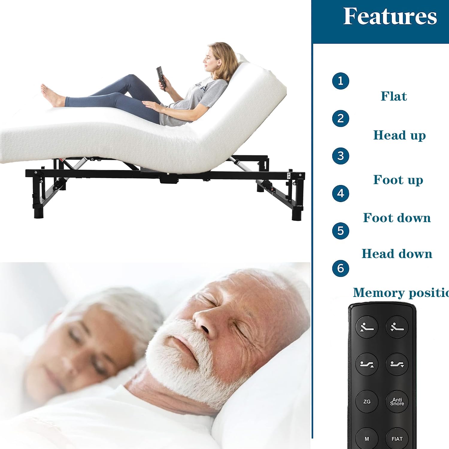 Motorized Upholstered Adjustable Bed Base with Wireless Remote, Head and Foot Incline, Memory Pre-Sets, Anti-Snore, Zero Gravity, Adjustable Leg Heights Bed Frame,Ergonomic Positioning (Queen)