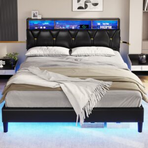 BTHFST Full Size Bed Frame with LED Lights & Charging Station, LED Bed Frame Full Size with Headboard Storage, Faux Leather Upholstered Bed with Shelf Headboard, No Box Spring Needed, Black PU