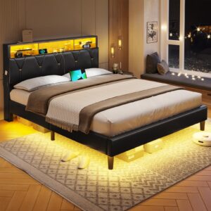 BTHFST Full Size Bed Frame with LED Lights & Charging Station, LED Bed Frame Full Size with Headboard Storage, Faux Leather Upholstered Bed with Shelf Headboard, No Box Spring Needed, Black PU