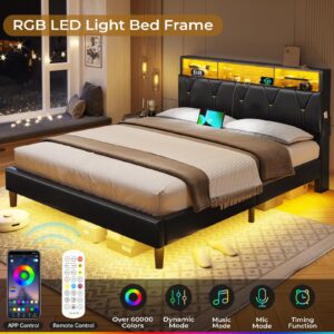 BTHFST Full Size Bed Frame with LED Lights & Charging Station, LED Bed Frame Full Size with Headboard Storage, Faux Leather Upholstered Bed with Shelf Headboard, No Box Spring Needed, Black PU