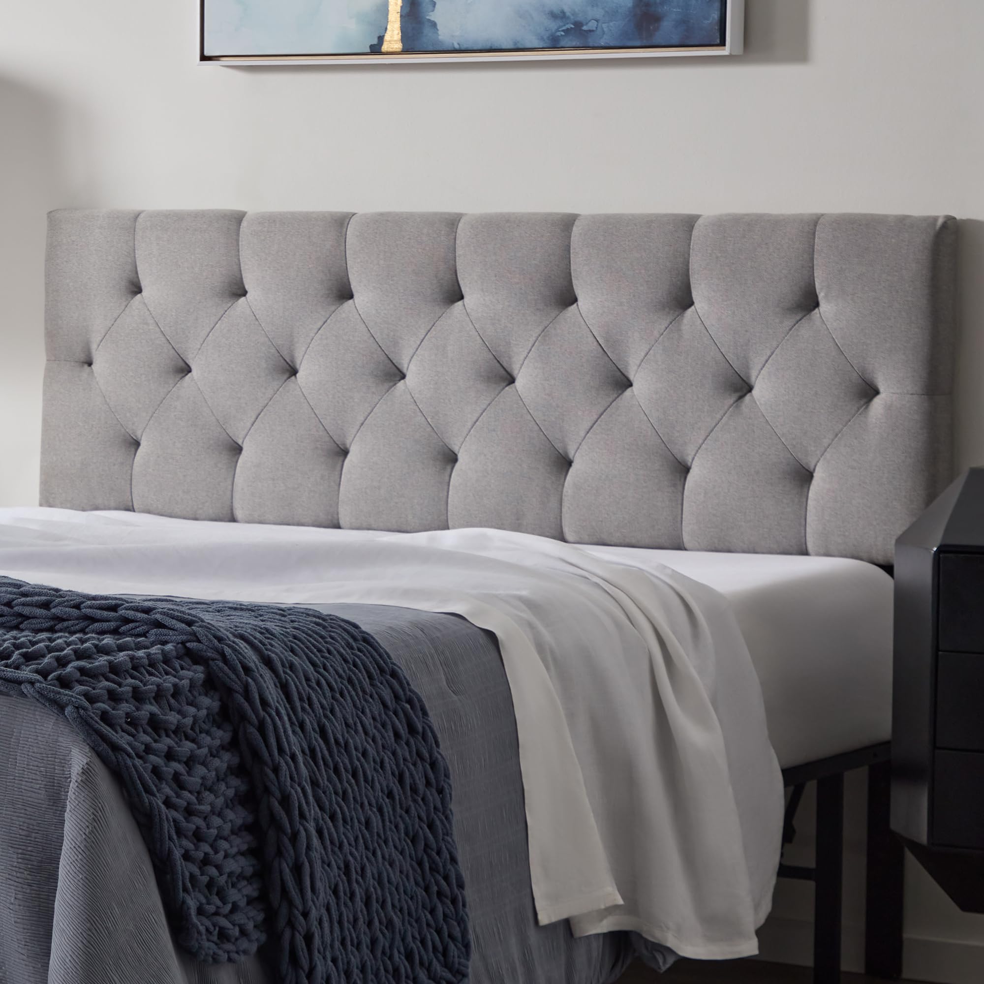 LUCID Mid-Rise Upholstered Headboard - Diamond Tufted - Padded Polyester - Adjustable Height from 34” to 46” - Easy Assembly - Bed Frame or Wall Mount - Sturdy - Stone - King / Cal King Size