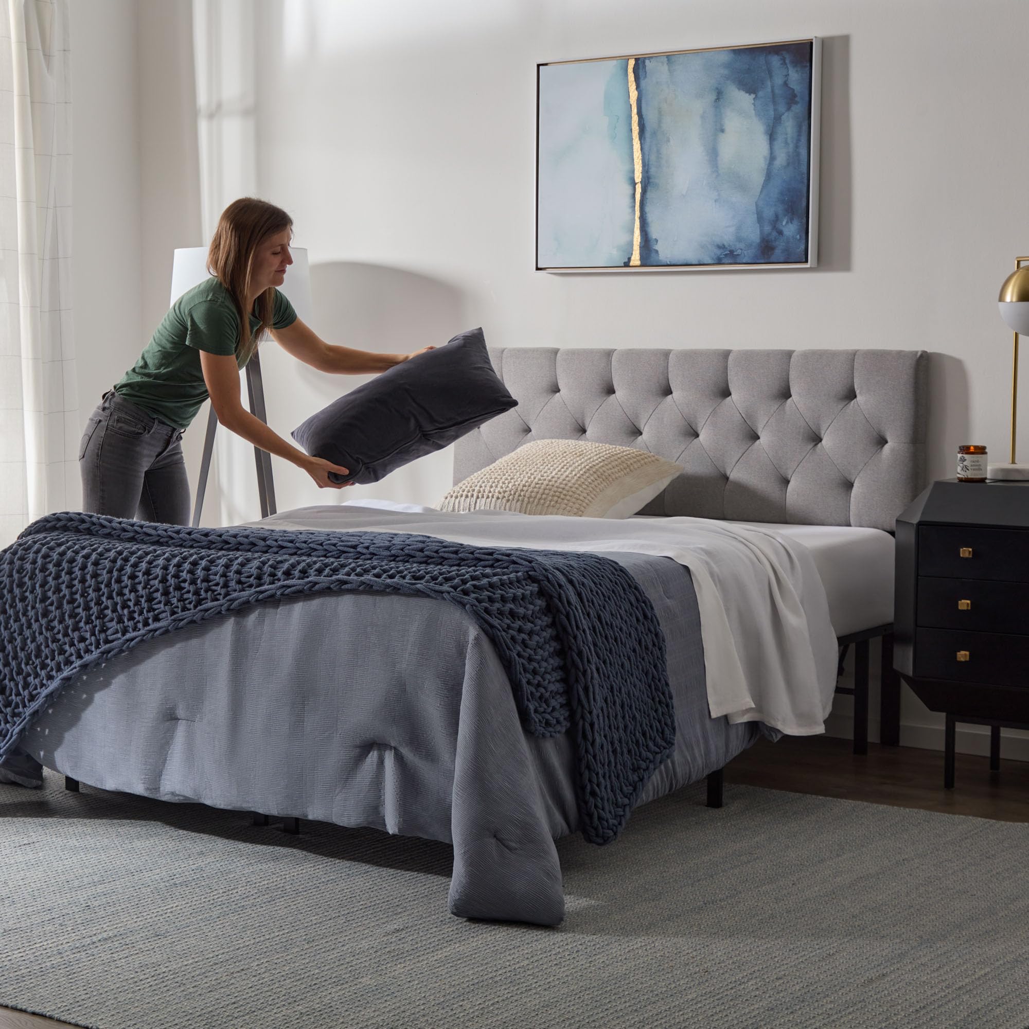 LUCID Mid-Rise Upholstered Headboard - Diamond Tufted - Padded Polyester - Adjustable Height from 34” to 46” - Easy Assembly - Bed Frame or Wall Mount - Sturdy - Stone - King / Cal King Size