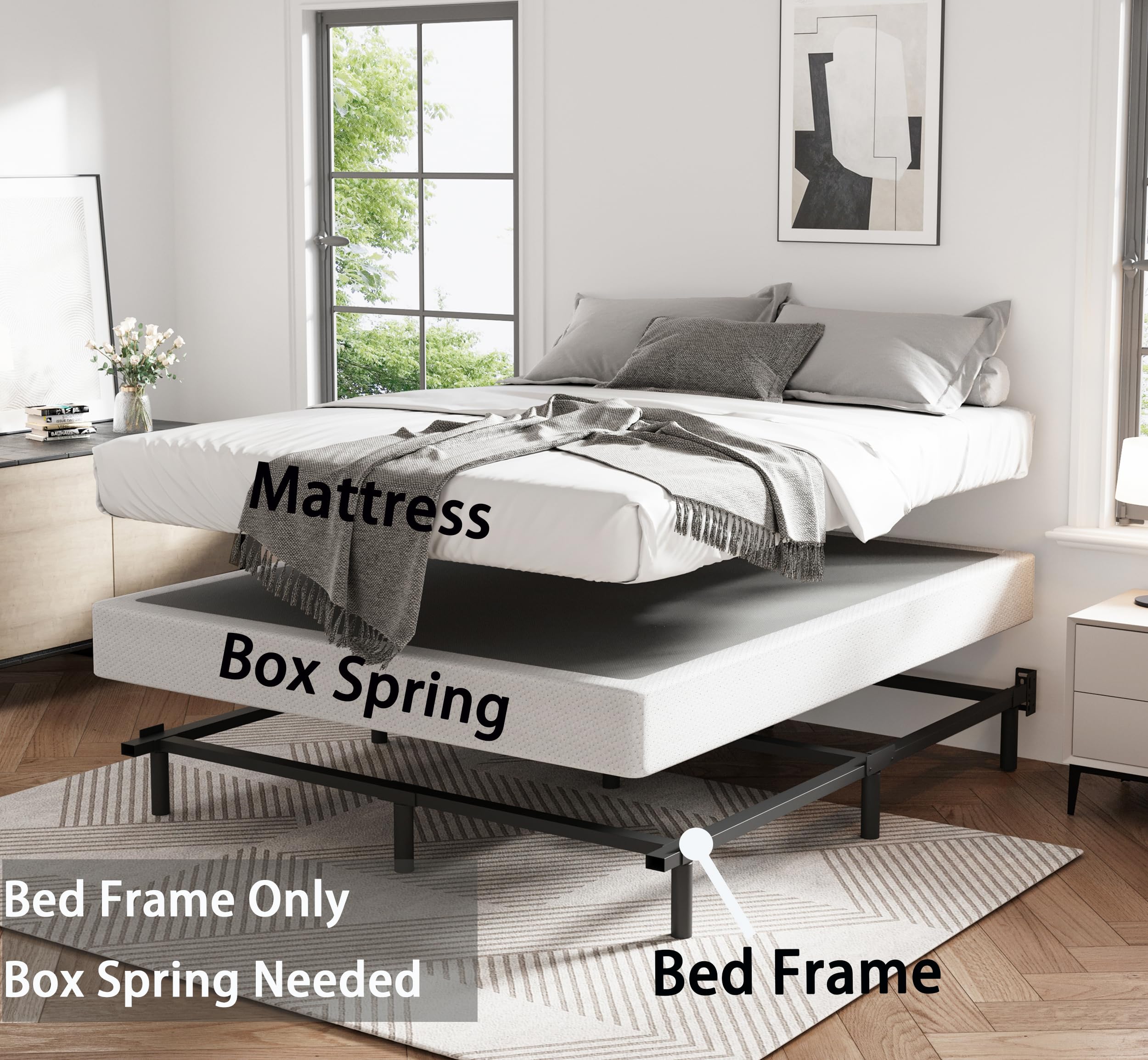 Bedsnus Queen Size Bed Frame, 9 Inch Metal Basics Bed Frame,High Profile Base for Box Spring, 9-Leg Support, Noise-Free, Easy Assembly, Black