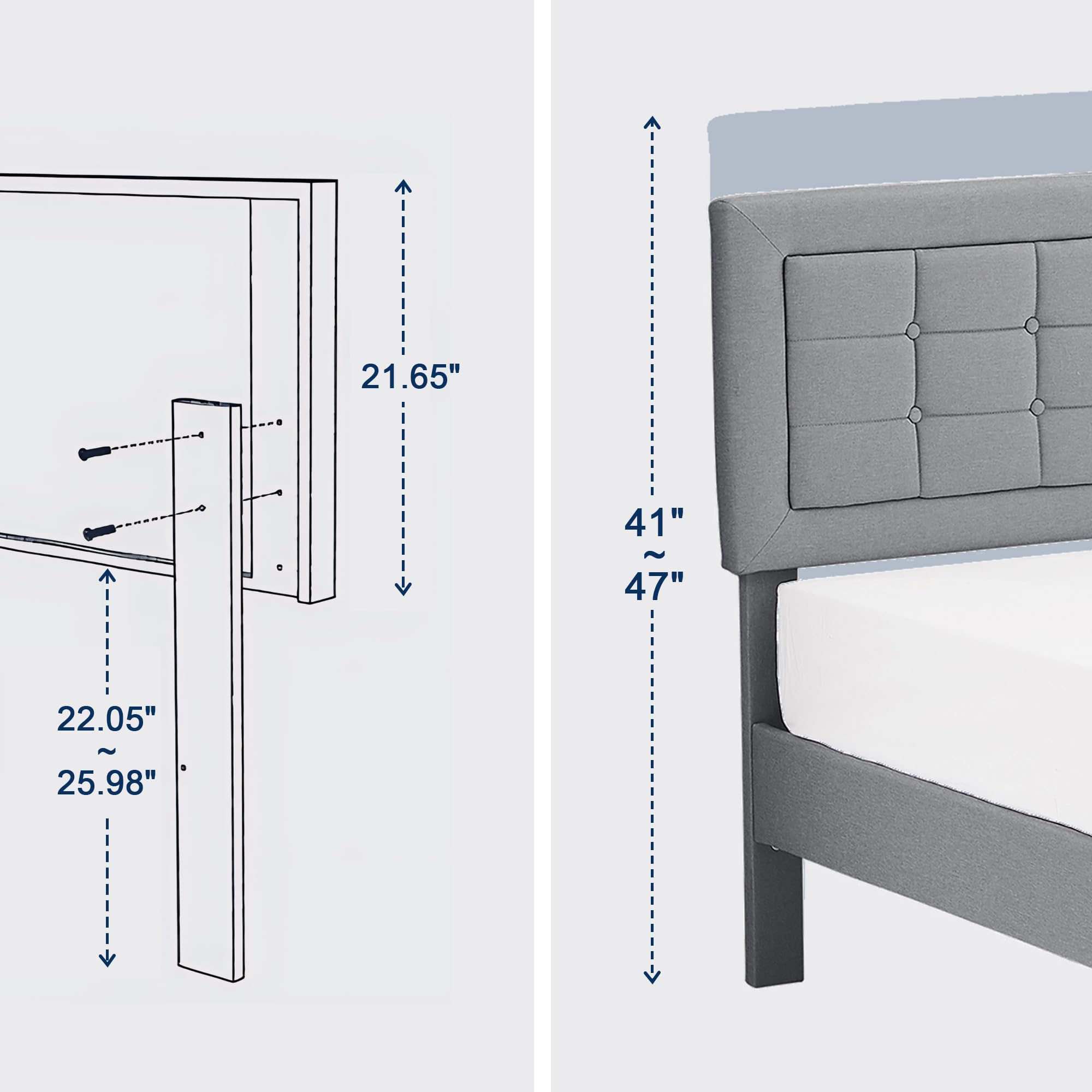 VECELO Twin Size Bed Frame with Adjustable Headboard, Upholstered Button Tufted Platform Bedframe with Wood Slats Support, No Box Spring Needed, Moon Grey