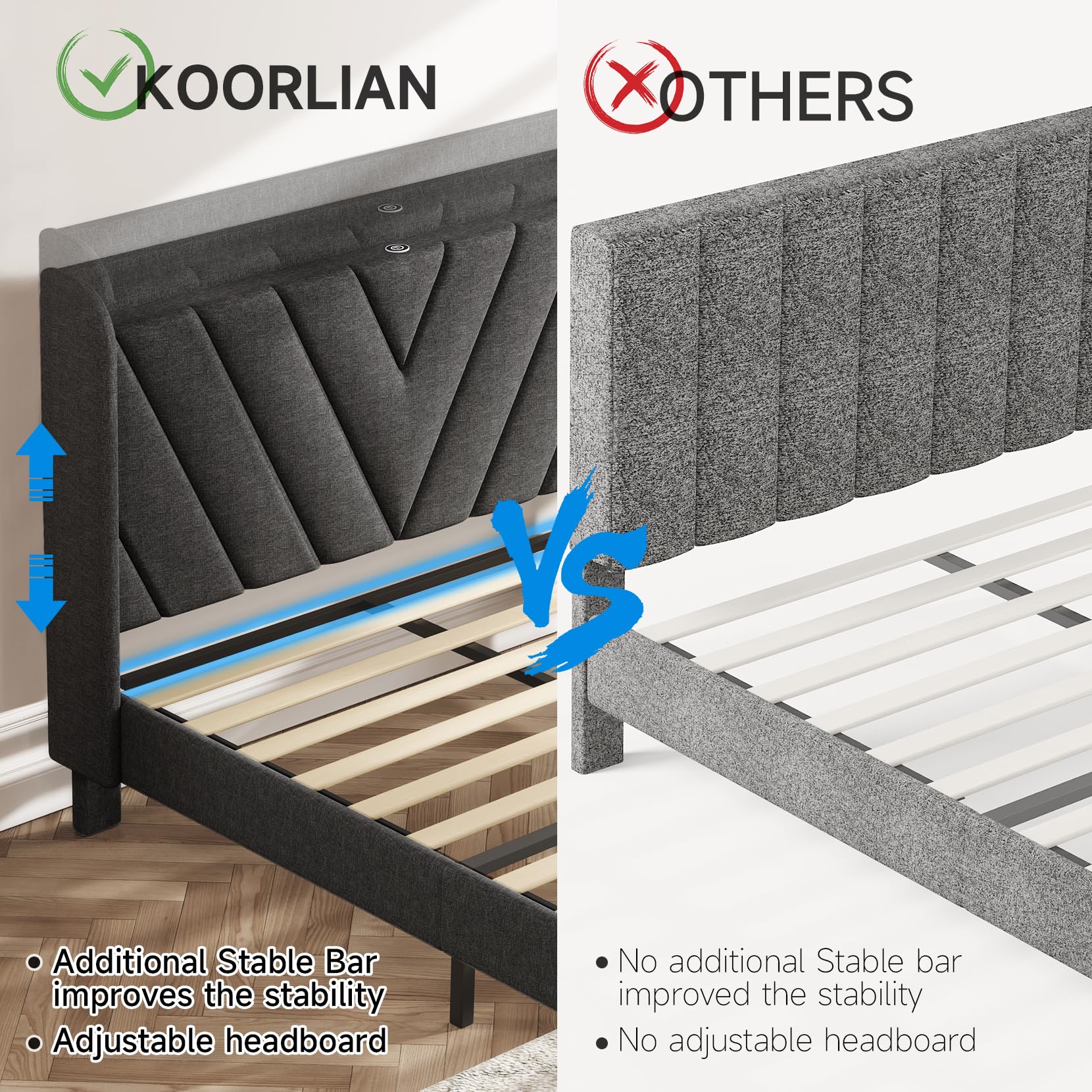 koorlian Queen Bed Frame, Linen Adjustable Upholstered Platform Bed Frame with Type-C&USB Port, Wingback Storage Headboard, Solid Wood Slats Support, No Box Spring Needed, Noise-Free, Dark Blue