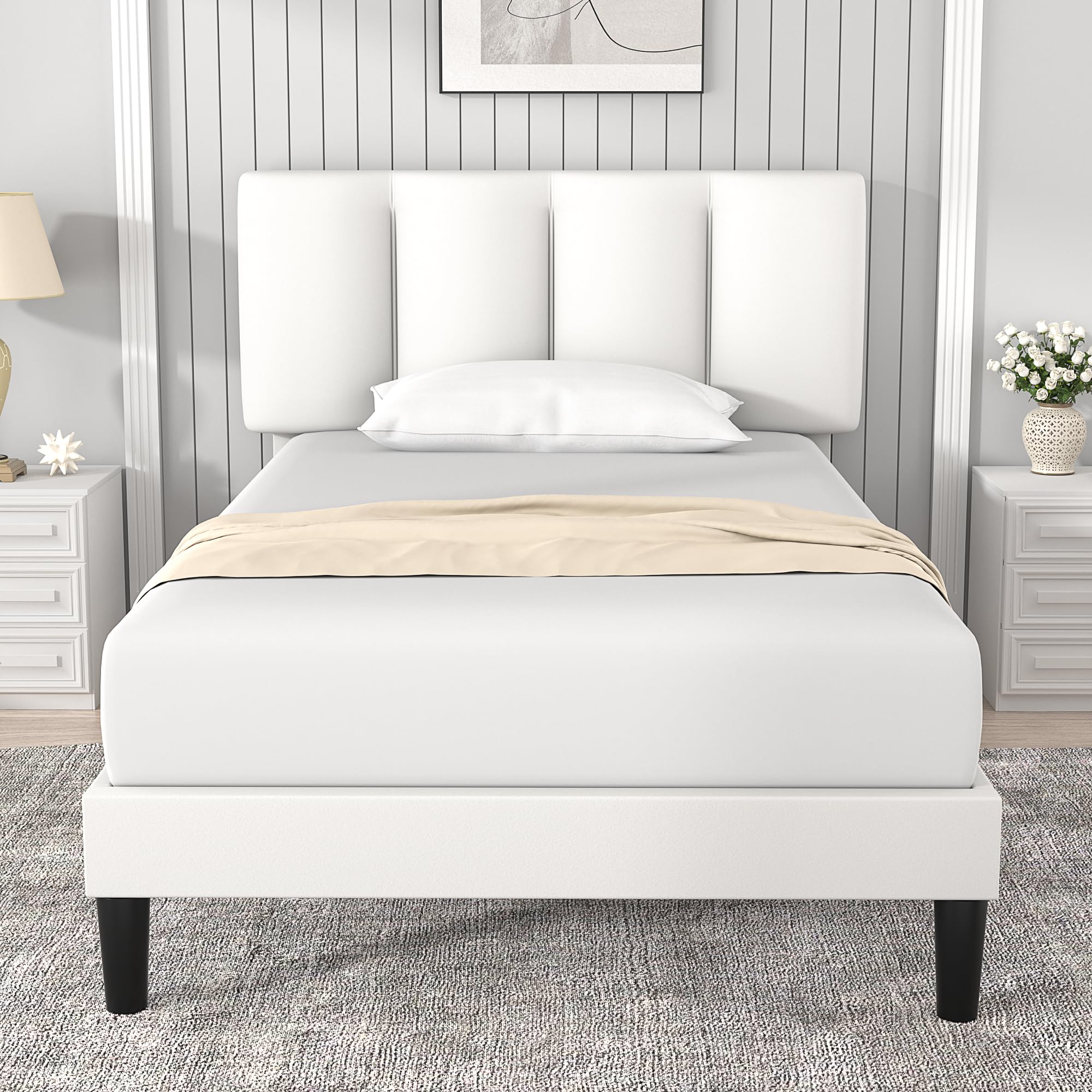 VECELO Twin Bed Frames, Upholstered Platform Bedframe, Adjustable Headboard, Wood Slat Support, No Box Spring Needed, Easy Assembly, White