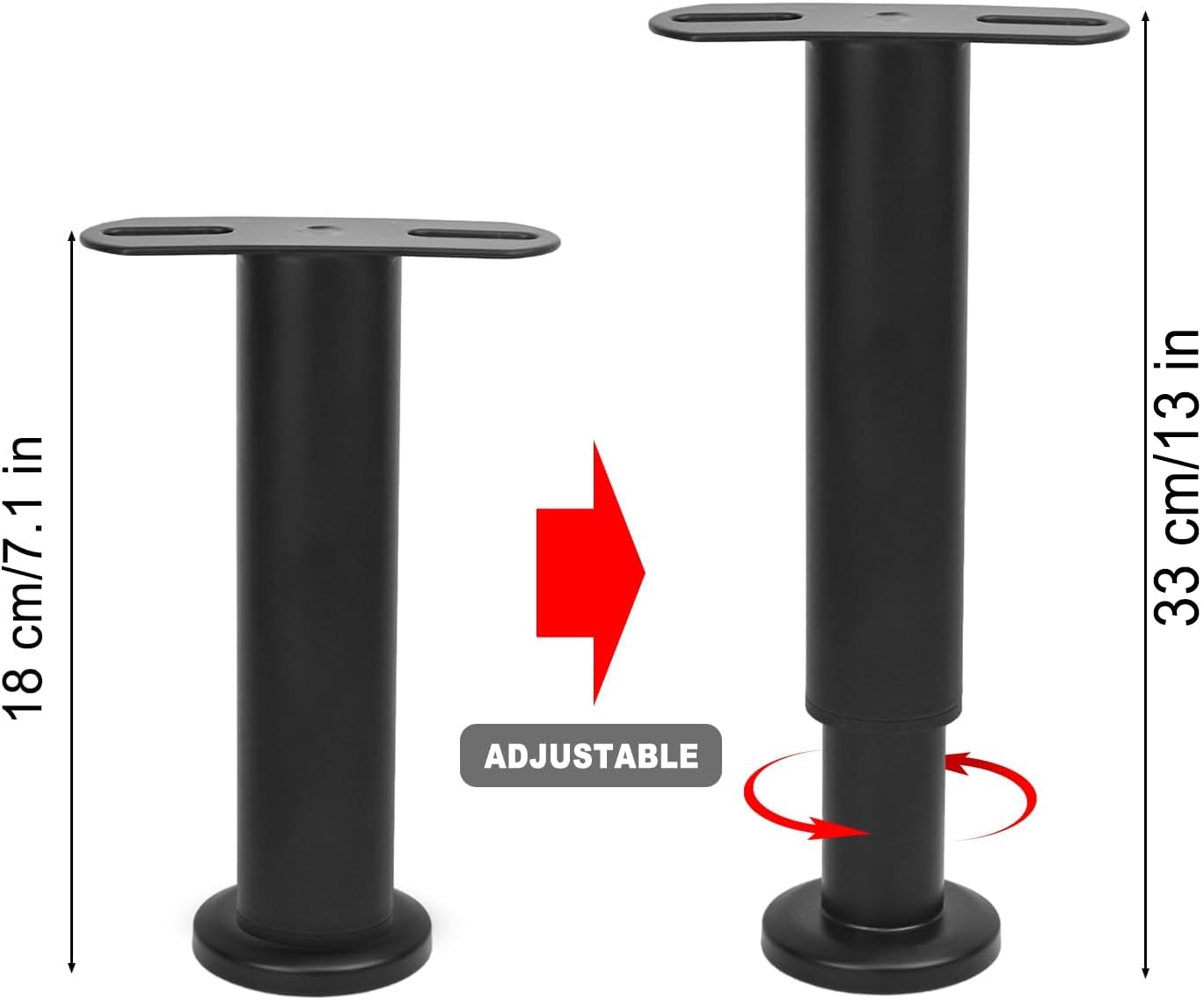 Bed Support Legs, Metal Adjustable Legs for Bed, Heavy Duty Bed Center Frame Middle Reinforce Circular Bottom Extendable Slat Support Leg for Cabinet Sofa Bed Frame Replacement Parts (Black 2 Pcs)