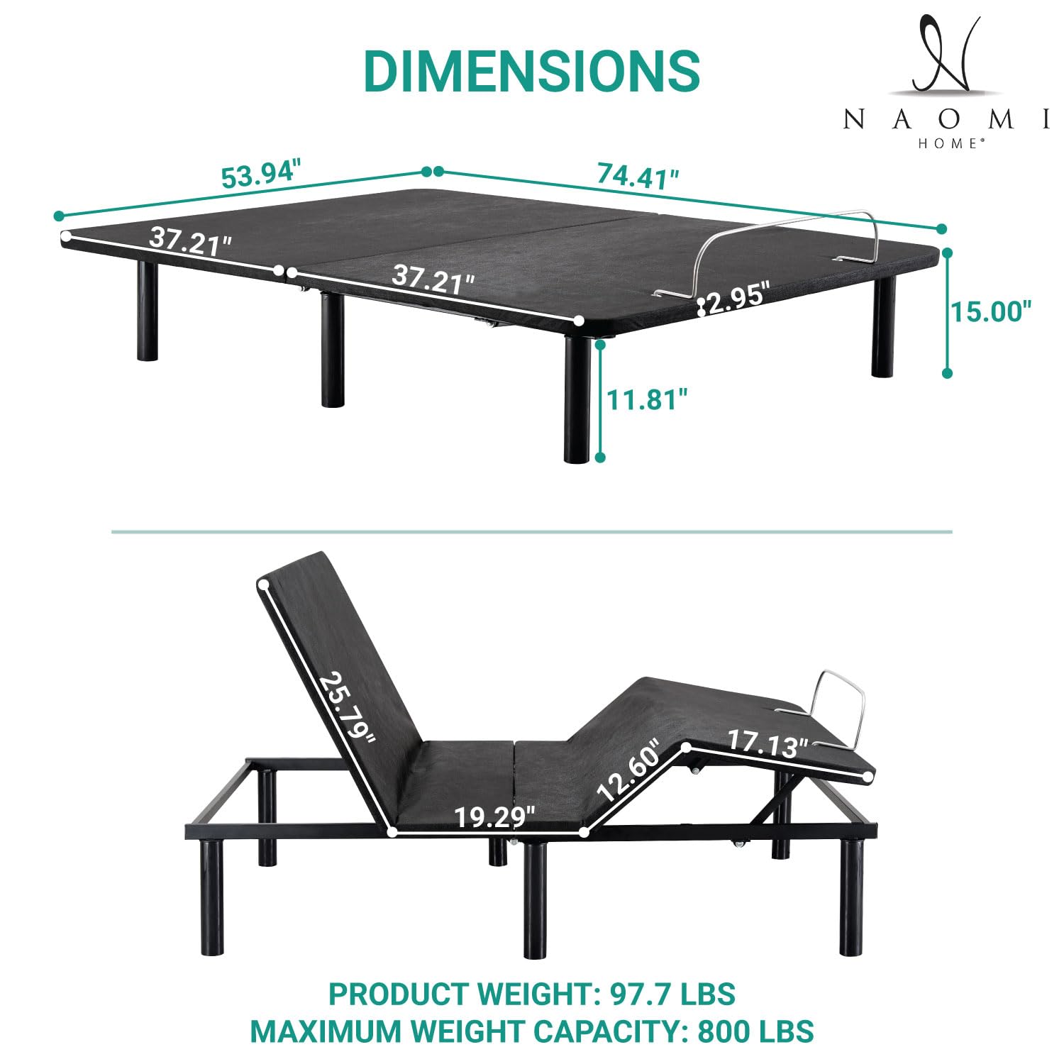 Naomi Home Full Adjustable Base 15" Full Adjustable Bed Frame with Remote Base de Cama Full Size Adjustable Bed Frame Black Full Size Bed with 7 Positions Foldable Electric Adjustable Beds