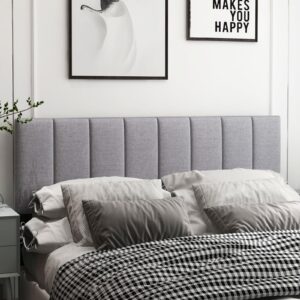 KOMFOTT Linen Upholstered Headboard for Full & Queen Size Bed, Vertical Channel Tufted Rectangular Headboard with Solid Wood Legs & Adjustable Width, Padded Bed Backboard, Easy Assembly (Gray)