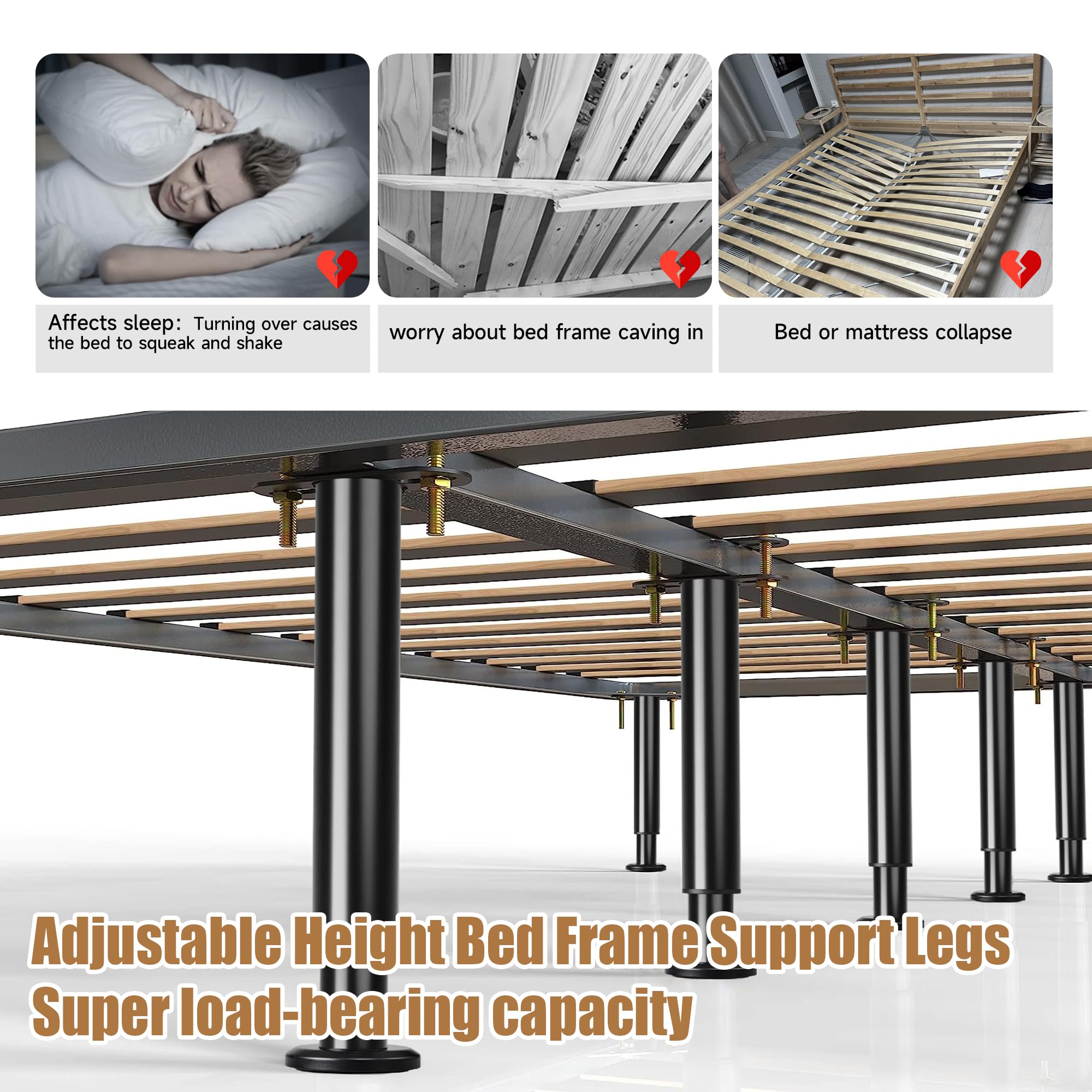 Set Of 4 Adjustable Bed Legs Replacement, Upgrade Under Bed Support Leg With Wider Base, Heavy Metal Bed Frame Center Support Legs For Platform Bed, Height 7" To 12.6" Bed Legs For Adjustable Bed Base