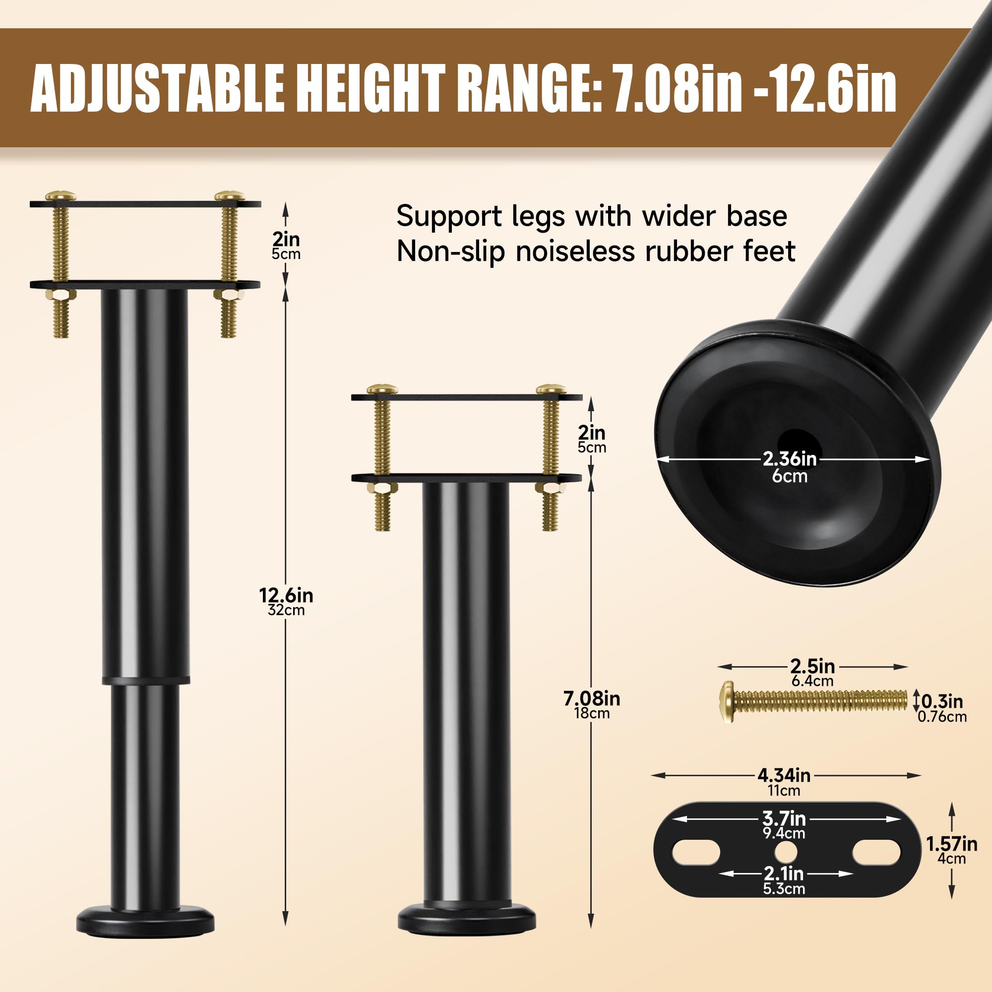 Set Of 4 Adjustable Bed Legs Replacement, Upgrade Under Bed Support Leg With Wider Base, Heavy Metal Bed Frame Center Support Legs For Platform Bed, Height 7" To 12.6" Bed Legs For Adjustable Bed Base