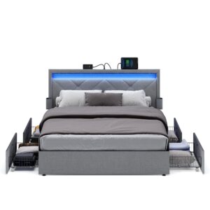 vasagle led bed frame queen size with headboard and 4 drawers, 1 usb port and 1 type c port, adjustable upholstered headboard, no box spring needed, light grey urmb821g01