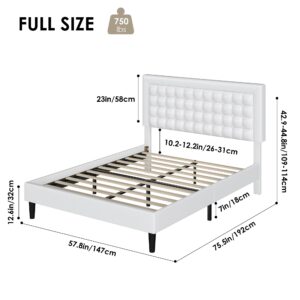 HIFIT Full Size Bed Frame, Full Modern PU Leather Upholstered Platform Bed with Button Tufted Adjustable Headboard and Solid Wood Slats Foundation, No Box Spring Needed, No Noise, Easy Assembly, White