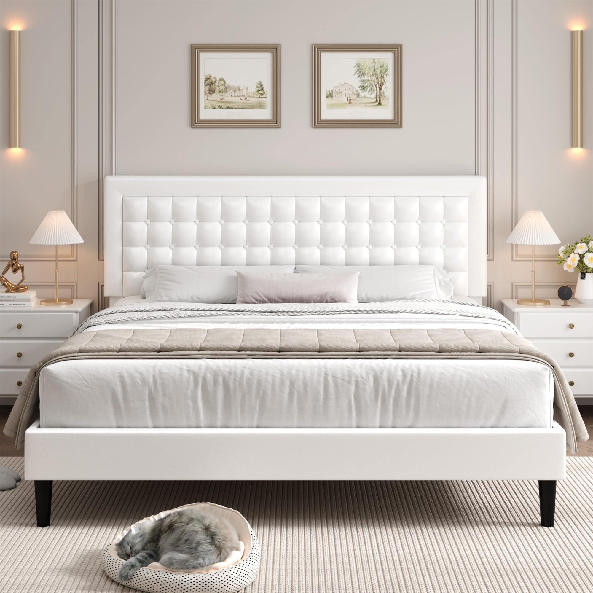 HIFIT Full Size Bed Frame, Full Modern PU Leather Upholstered Platform Bed with Button Tufted Adjustable Headboard and Solid Wood Slats Foundation, No Box Spring Needed, No Noise, Easy Assembly, White