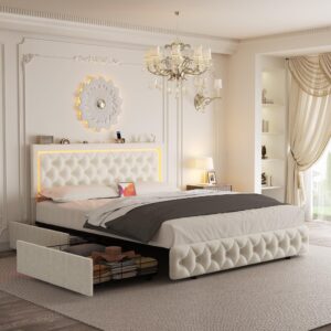 Ucloveria Queen Size Bed Frame with 4 Storage Drawers, Upholstered Platform Bed with Type-C & USB Ports, Adjustable Button Tufted Headboard, No Box Spring Needed, Velvet Beige