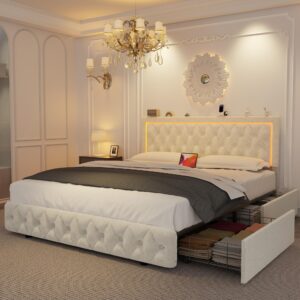 Ucloveria Queen Size Bed Frame with 4 Storage Drawers, Upholstered Platform Bed with Type-C & USB Ports, Adjustable Button Tufted Headboard, No Box Spring Needed, Velvet Beige