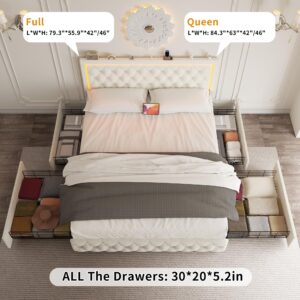 Ucloveria Queen Size Bed Frame with 4 Storage Drawers, Upholstered Platform Bed with Type-C & USB Ports, Adjustable Button Tufted Headboard, No Box Spring Needed, Velvet Beige