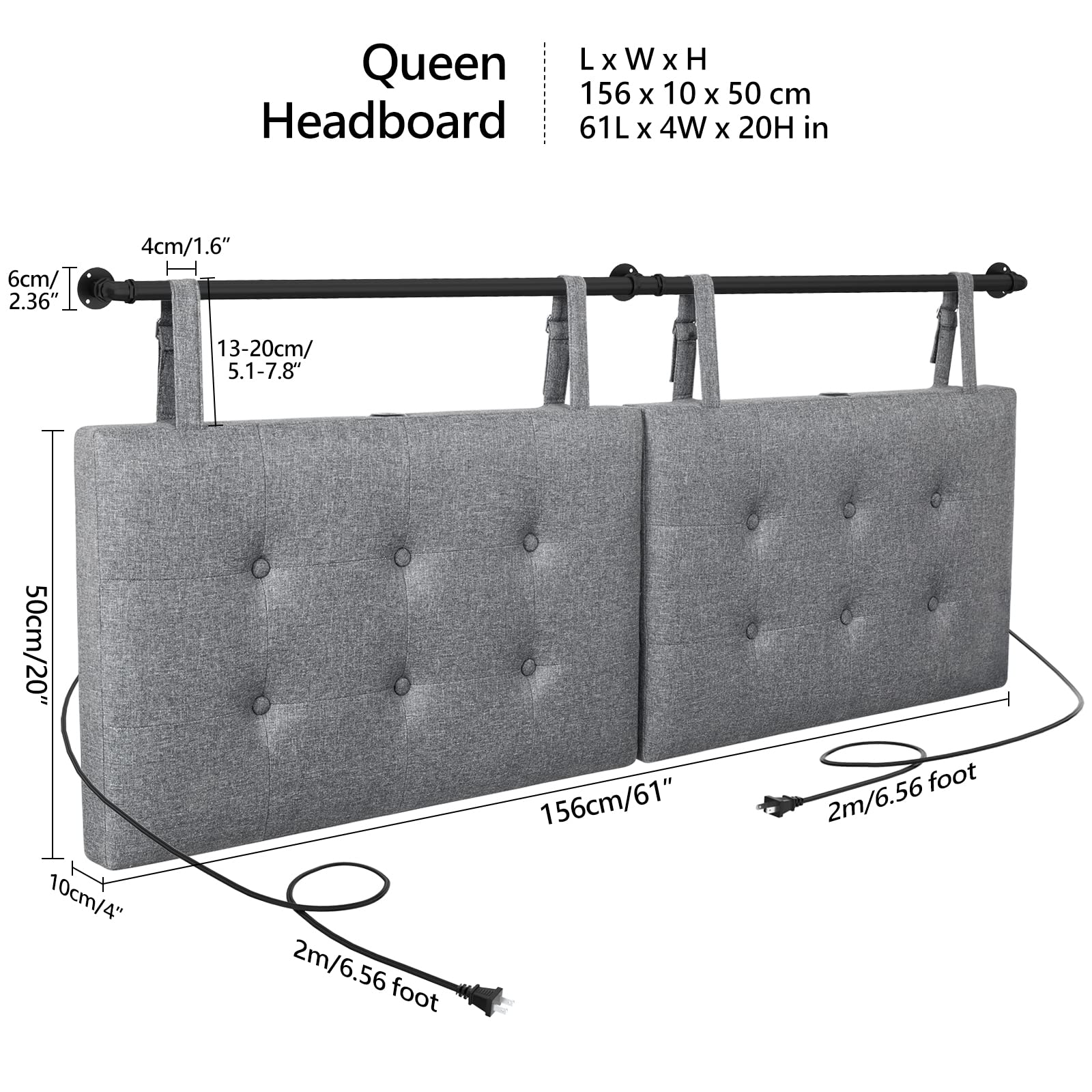 HAUSOURCE Wall Mount Headboard with USB Port for Queen Size Bed Only, Headboards with Adjustable Fabric Straps, Hanging Linen Fabric Padded Headboard for Bedroom